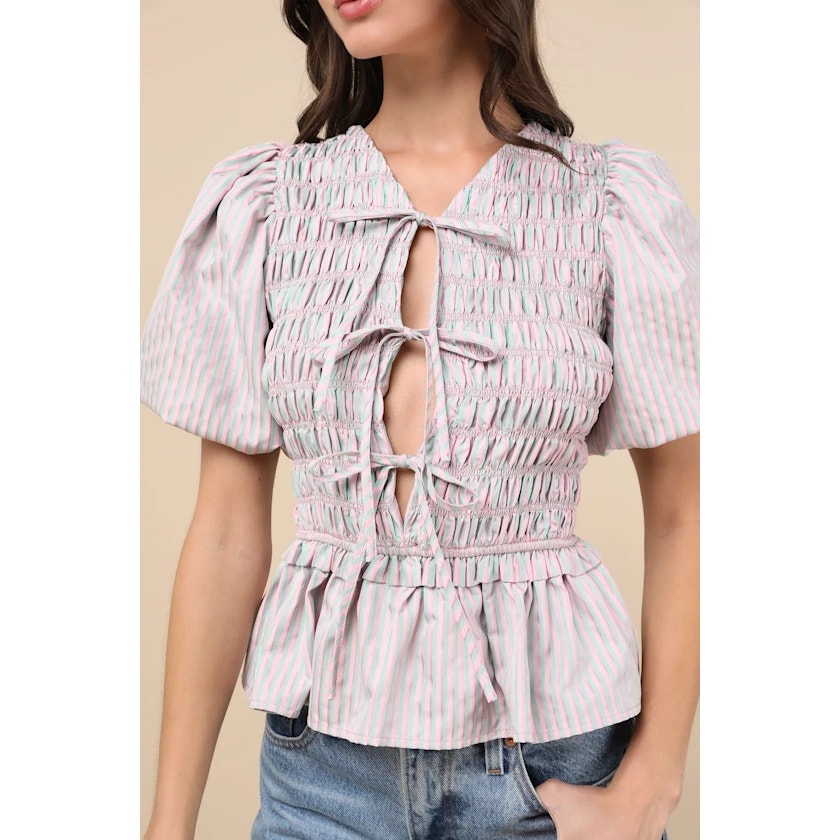 Nwt Extro&Vert Nevaeh Pink Striped Tie-Front Puff Sleeve Peplum Top M — image 4 of 4